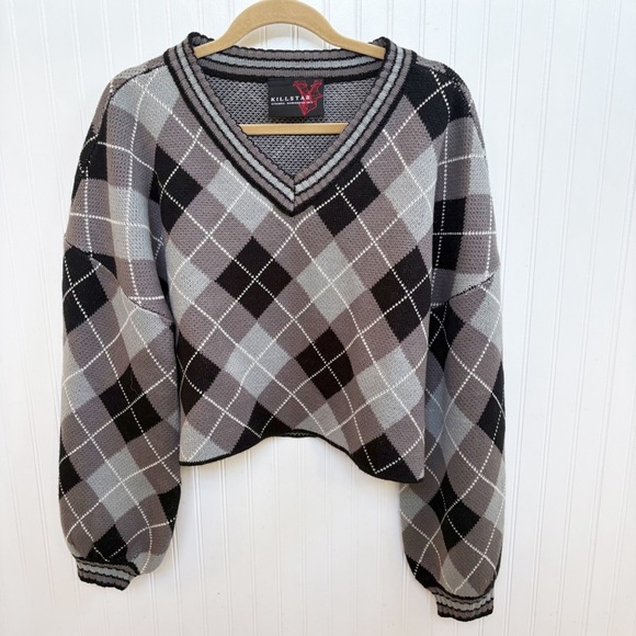 Killstar Gray & Black Nasiv Argyle Knit Top Cropped Sweater Women’s Size XL - Picture 1 of 6